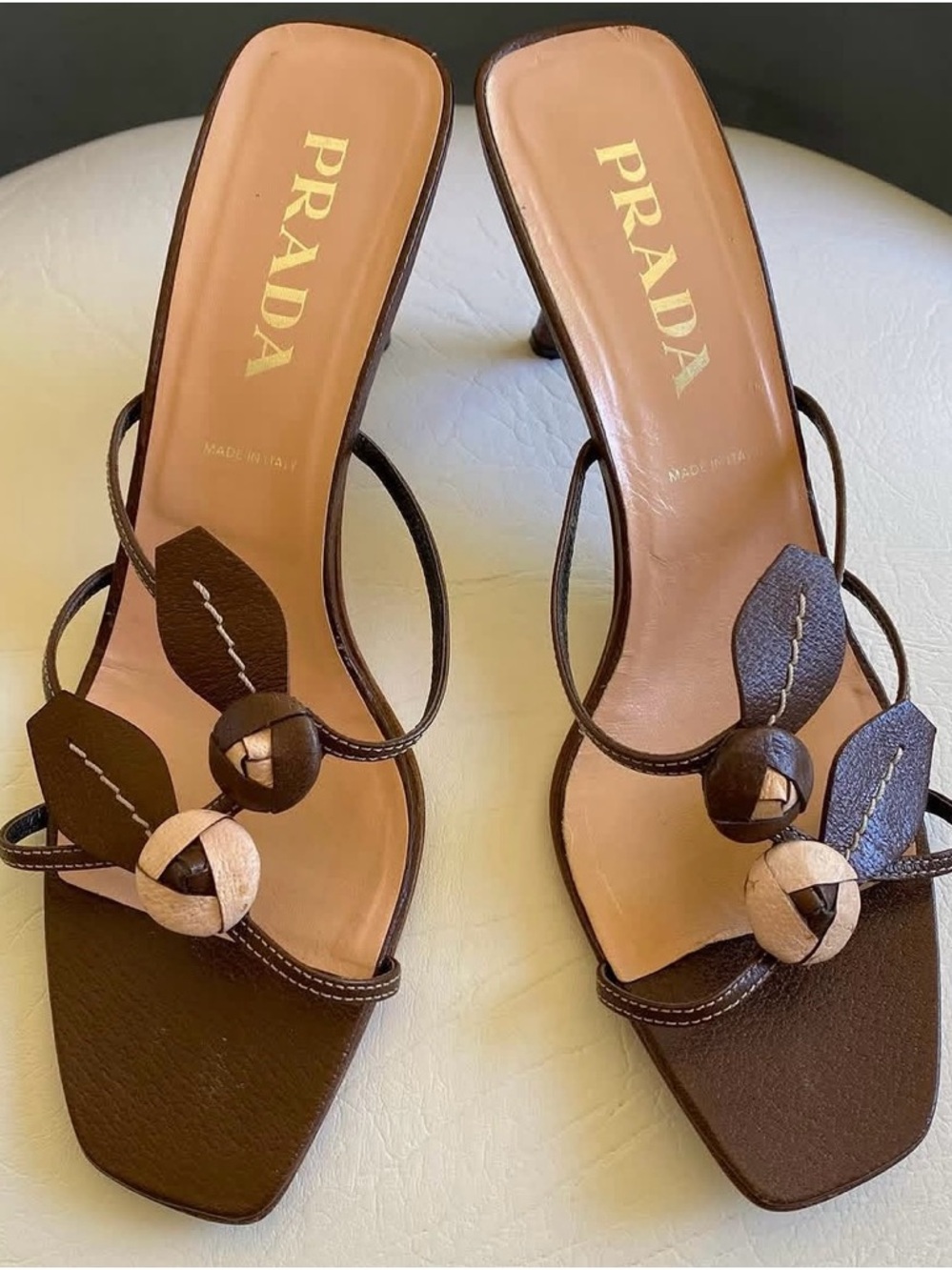 Prada Brown Leather Knot-Detail Heeled Sandals - Picture 2 of 5
